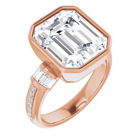 10K Rose Gold Customizable Cathedral-Bezel Emerald/Radiant Cut Style with Horizontal Baguettes & Shared Prong Band