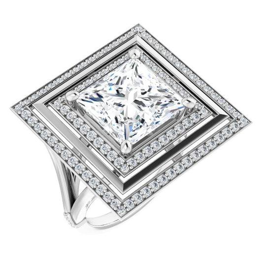 10K White Gold Customizable Princess/Square Cut Oversized 2x Halo Style with Knuckle Accented Split Band