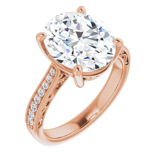 10K Rose Gold Customizable Oval Cut Design with Round Band Accents and Three-sided Filigree Engraving