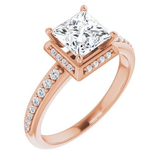 10K Rose Gold Customizable Princess/Square Cut Design with Geometric Under-Halo and Shared Prong Band