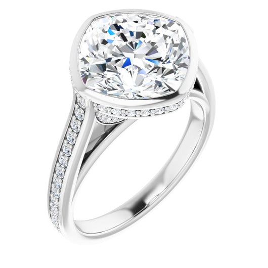 10K White Gold Customizable Cathedral-Bezel Cushion Cut Design with Under Halo and Shared Prong Band