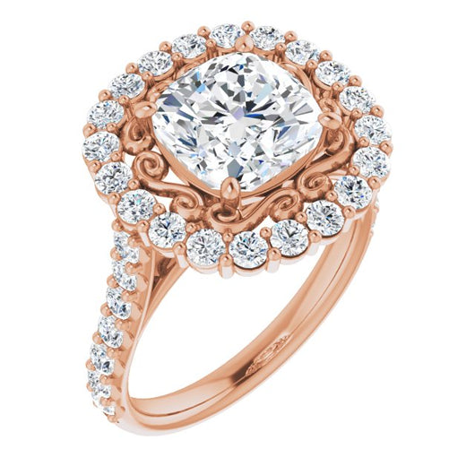 10K Rose Gold Customizable Cushion Cut Cathedral Style with Oversized Halo