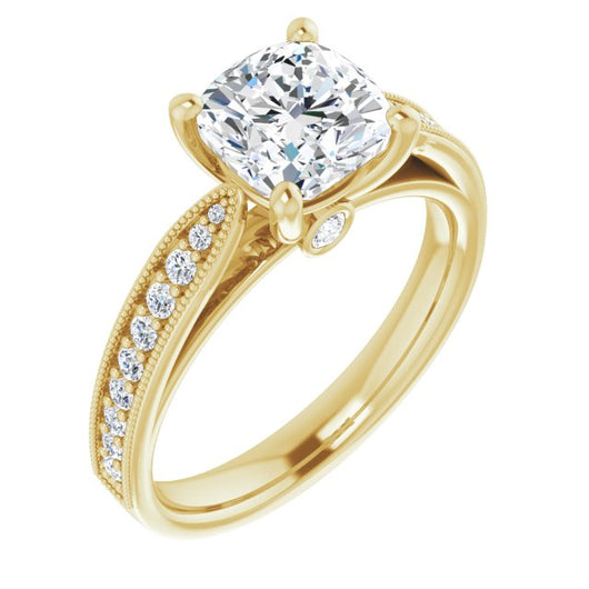 14K Yellow Gold Customizable Cushion Cut Style featuring Milgrained Shared Prong Band & Dual Peekaboos