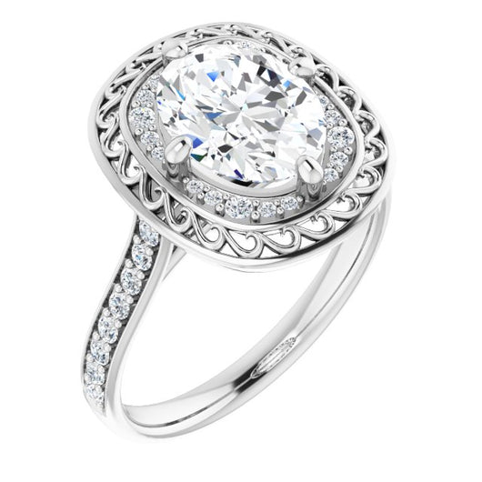 10K White Gold Customizable Cathedral-style Oval Cut featuring Cluster Accented Filigree Setting & Shared Prong Band