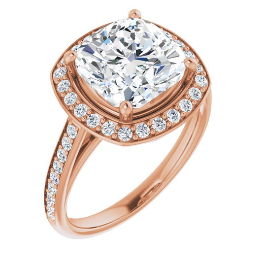 10K Rose Gold Customizable Cathedral-raised Cushion Cut Halo-and-Accented Band Design