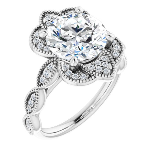 10K White Gold Customizable Cathedral-style Round Cut Design with Floral Segmented Halo & Milgrain+Accents Band