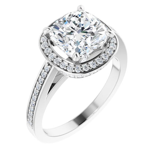 10K White Gold Customizable Cathedral-set Cushion Cut Design with Halo, Thin Pavé Band & Round-Bezel Peekaboos