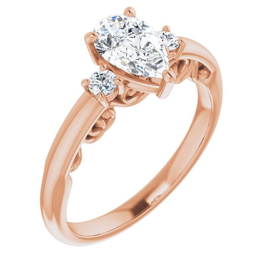 10K Rose Gold Customizable Pear Cut 3-stone Style featuring Heart-Motif Band Enhancement