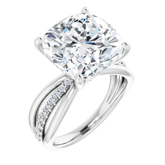 10K White Gold Customizable Cushion Cut Design with Tri-Split Accented Band