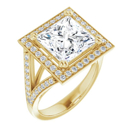 10K Yellow Gold Customizable Cathedral-set Princess/Square Cut Style with Accented Split Band and Halo