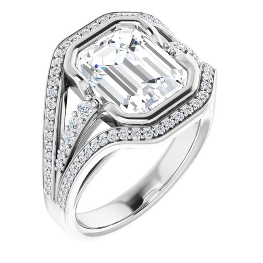 10K White Gold Customizable Cathedral-Bezel Emerald/Radiant Cut Design with Wide Triple-Split-Pavé Band