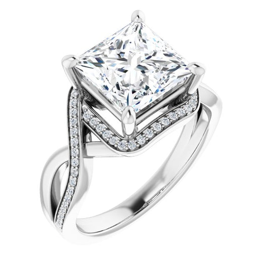 10K White Gold Customizable Bypass-Halo-Accented Princess/Square Cut Center with Twisting Split Shared Prong Band