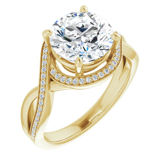 18K Yellow Gold Customizable Bypass-Halo-Accented Round Cut Center with Twisting Split Shared Prong Band