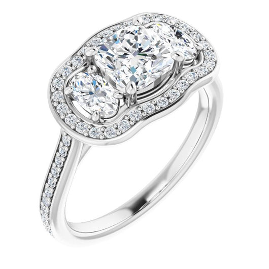 10K White Gold Customizable Cushion Cut Style with Oval Cut Accents, 3-stone Halo & Thin Shared Prong Band