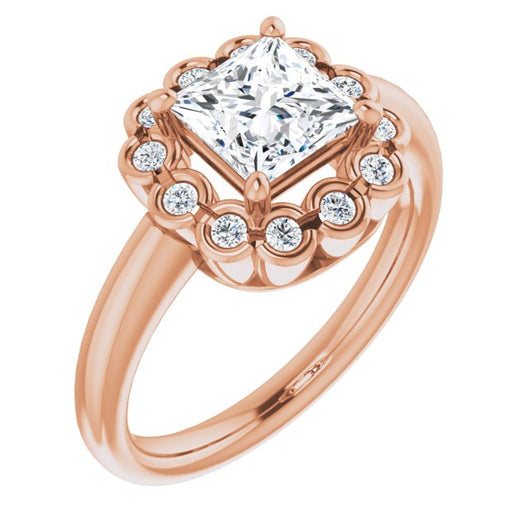 10K Rose Gold Customizable 13-stone Princess/Square Cut Design with Floral-Halo Round Bezel Accents