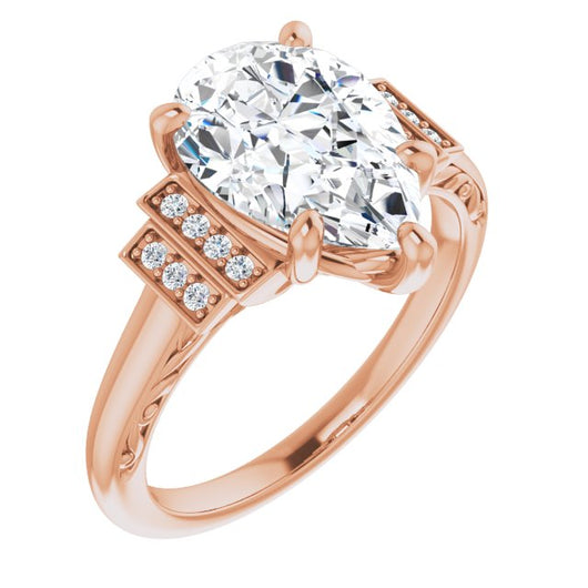 10K Rose Gold Customizable Engraved Design with Pear Cut Center and Perpendicular Band Accents