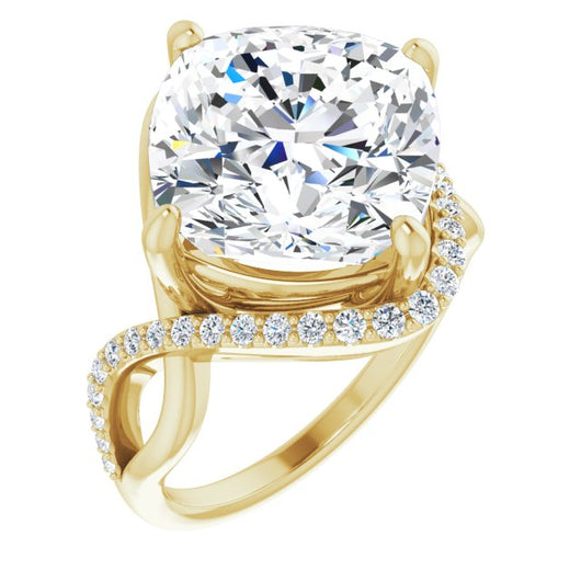 10K Yellow Gold Customizable Cushion Cut Design with Semi-Accented Twisting Infinity Bypass Split Band and Half-Halo