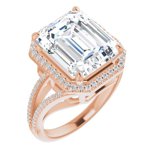 10K Rose Gold Customizable Emerald/Radiant Cut Vintage Design with Halo Style and Asymmetrical Split-Pavé Band