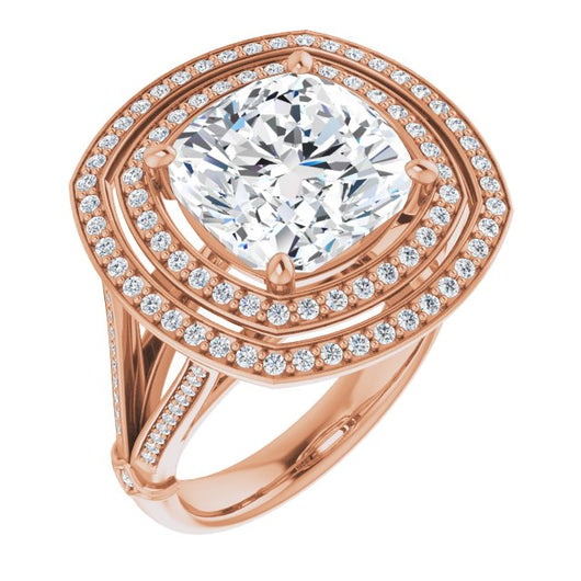 10K Rose Gold Customizable Cathedral-set Cushion Cut Design with Double Halo, Wide Split-Shared Prong Band and Side Knuckle Accents