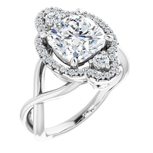 10K White Gold Customizable Vertical 3-stone Cushion Cut Design Enhanced with Multi-Halo Accents and Twisted Band