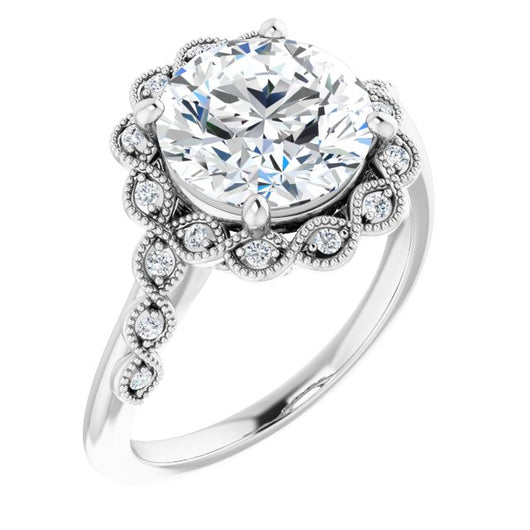 10K White Gold Customizable 3-stone Design with Round Cut Center and Halo Enhancement