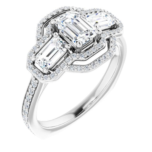 10K White Gold Customizable Enhanced 3-stone Style with Emerald/Radiant Cut Center, Emerald Cut Accents, Double Halo and Thin Shared Prong Band