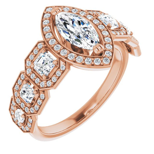 10K Rose Gold Customizable Cathedral-Halo Marquise Cut Design with Six Halo-surrounded Asscher Cut Accents and Ultra-wide Band