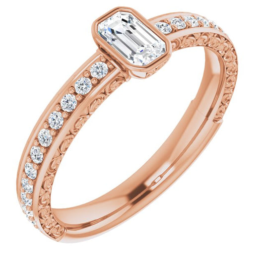 10K Rose Gold Customizable Bezel-set Emerald/Radiant Cut Design with Cloud-pattern Band & Semi-Eternity Accents