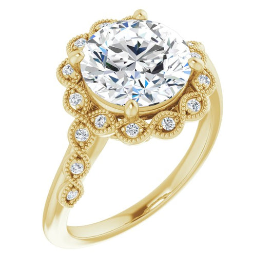 10K Yellow Gold Customizable 3-stone Design with Round Cut Center and Halo Enhancement