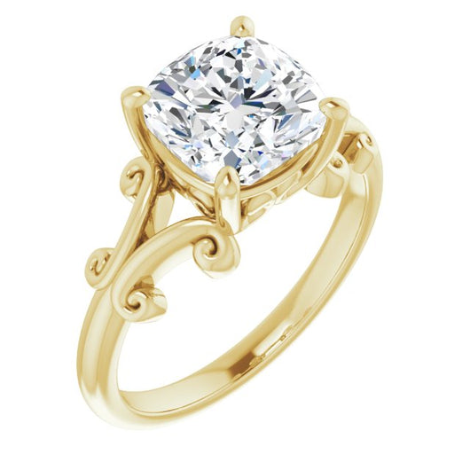 10K Yellow Gold Customizable Cushion Cut Solitaire with Band Flourish and Decorative Trellis