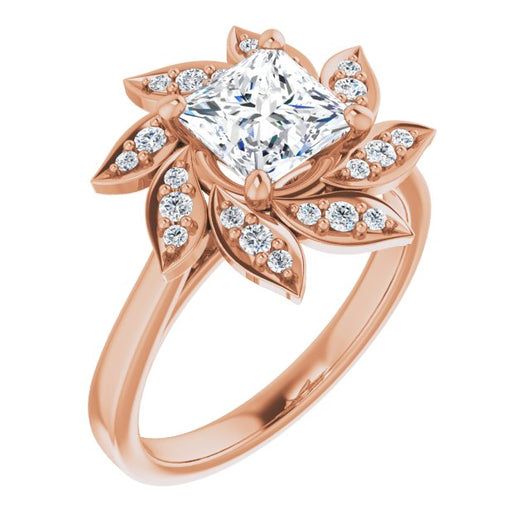 10K Rose Gold Customizable Princess/Square Cut Design with Artisan Floral Halo