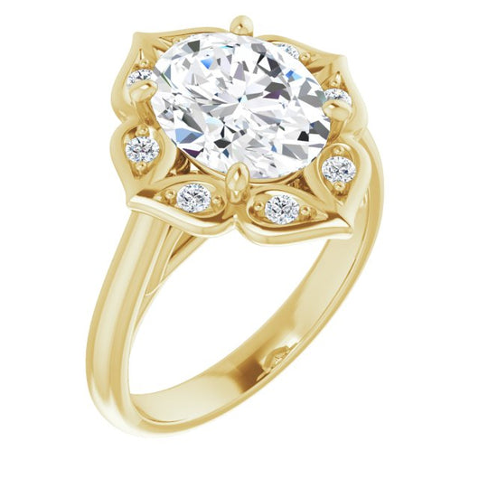 10K Yellow Gold Customizable Cathedral-raised Oval Cut Design with Star Halo & Round-Bezel Peekaboo Accents