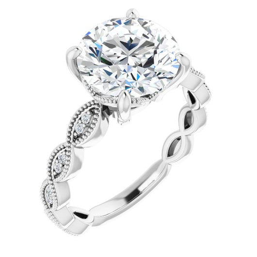 10K White Gold Customizable Round Cut Artisan Design with Scalloped, Round-Accented Band and Milgrain Detail