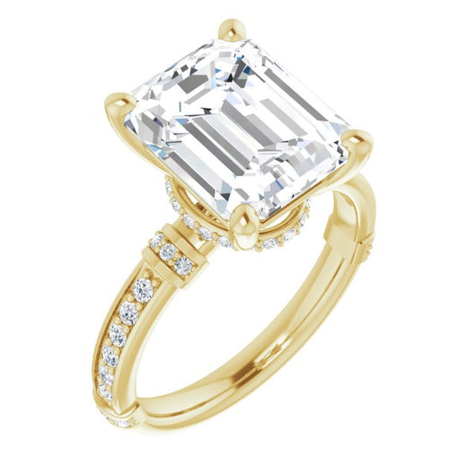 10K Yellow Gold Customizable Emerald/Radiant Cut Style featuring Under-Halo, Shared Prong and Quad Horizontal Band Accents