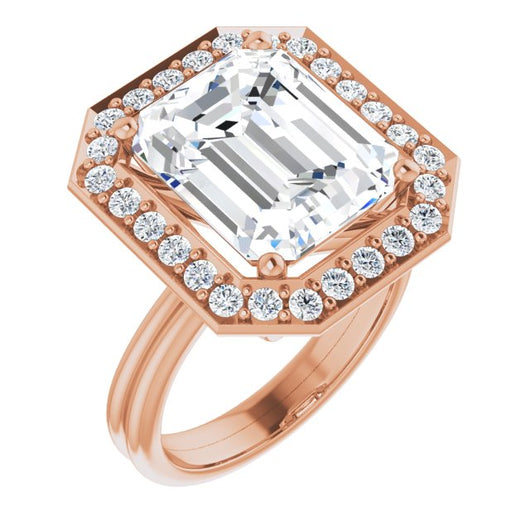 10K Rose Gold Customizable Cluster-Halo Accented Emerald/Radiant Cut Style with Tapered Dual Band