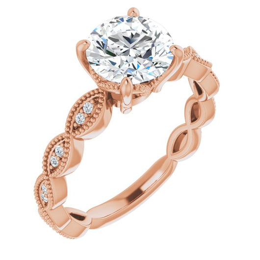 10K Rose Gold Customizable Round Cut Artisan Design with Scalloped, Round-Accented Band and Milgrain Detail