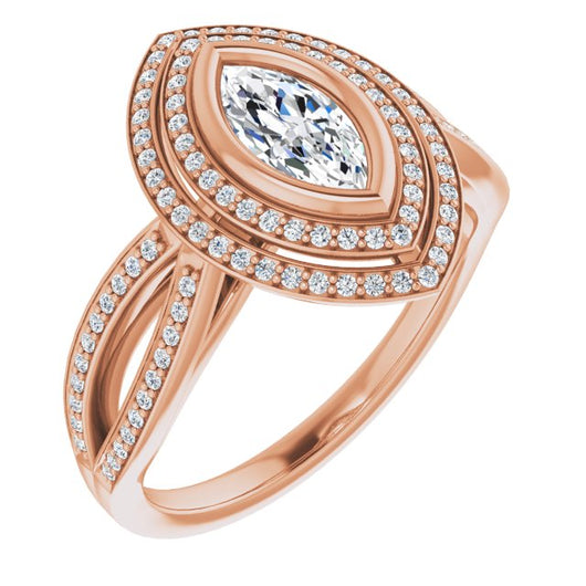 10K Rose Gold Customizable Bezel-set Marquise Cut Style with Double Halo and Split Shared Prong Band