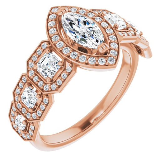 10K Rose Gold Customizable Cathedral-Halo Marquise Cut Design with Six Halo-surrounded Asscher Cut Accents and Ultra-wide Band