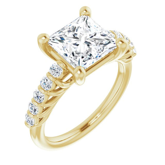 10K Yellow Gold Customizable Princess/Square Cut Style with Round Bar-set Accents