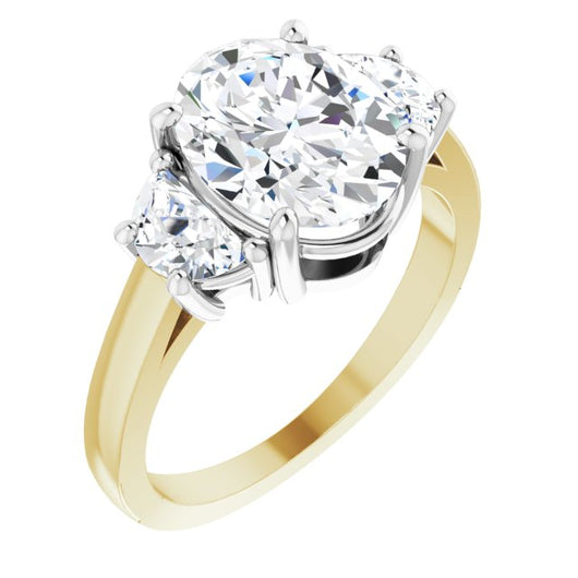 14K Yellow & White Gold Customizable 3-stone Design with Oval Cut Center and Half-moon Side Stones