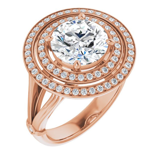 10K Rose Gold Customizable Cathedral-set Round Cut Design with Double Halo, Wide Split Band and Side Knuckle Accents