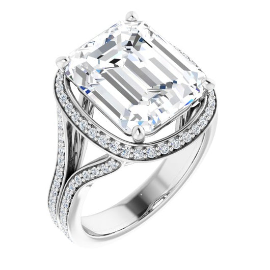 10K White Gold Customizable Cathedral-raised Emerald/Radiant Cut Setting with Halo and Shared Prong Band