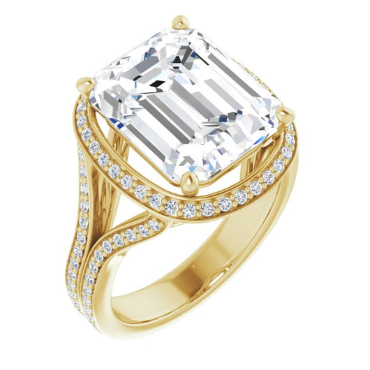 10K Yellow Gold Customizable Cathedral-raised Emerald/Radiant Cut Setting with Halo and Shared Prong Band