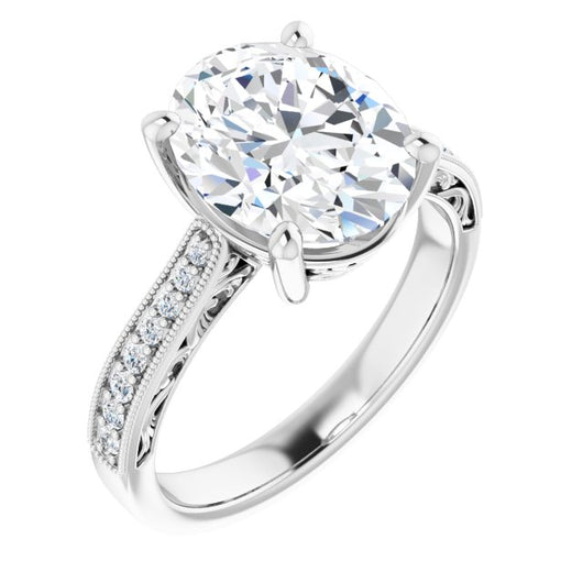 10K White Gold Customizable Oval Cut Design with Round Band Accents and Three-sided Filigree Engraving