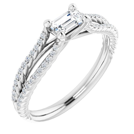 10K White Gold Customizable Emerald/Radiant Cut Style with Split Band and Rope-Pavé