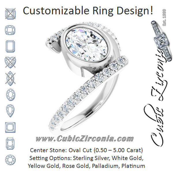 Cubic Zirconia Engagement Ring- The Pocahontas (Customizable Bezel-set Oval Cut Design with Bypass Pavé Band)