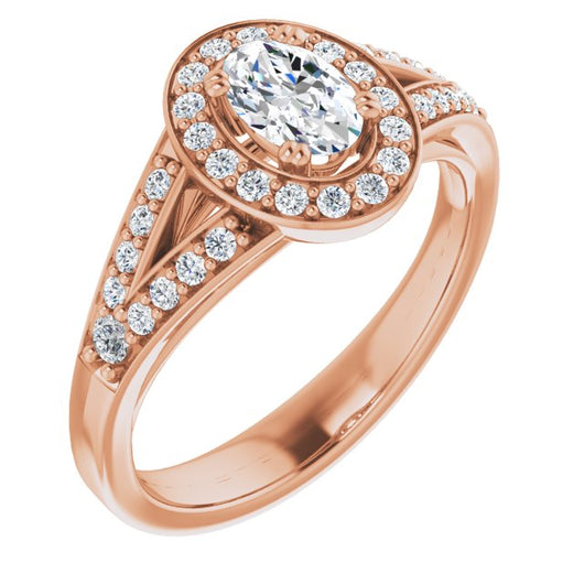 10K Rose Gold Customizable Cathedral-set Oval Cut Style with Accented Split Band and Halo