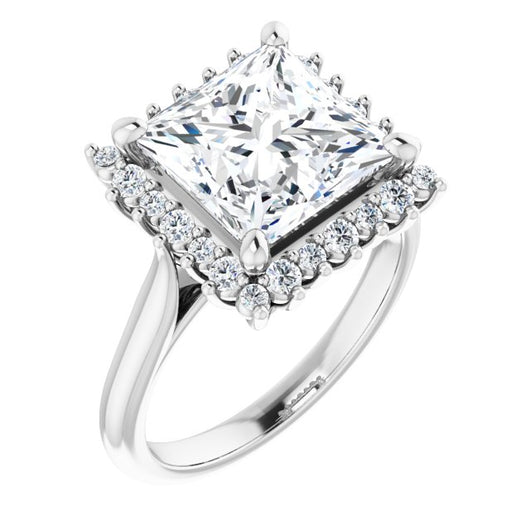 10K White Gold Customizable Crown-Cathedral Princess/Square Cut Design with Clustered Large-Accent Halo & Ultra-thin Band