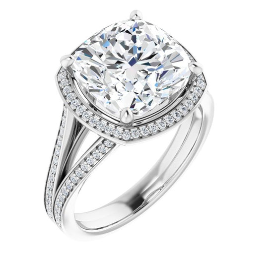 10K White Gold Customizable Cushion Cut Design with Split-Band Shared Prong & Halo