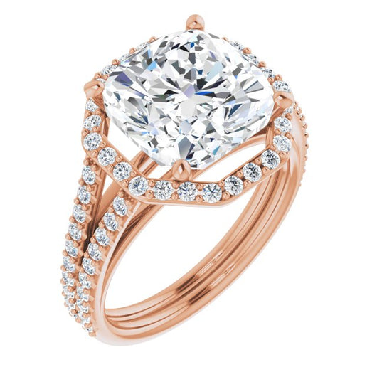 10K Rose Gold Customizable Cathedral Cushion Cut Design with Geometric Halo & Split Pavé Band